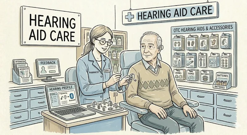 Pharmacist fitting a hearing aid for a patient