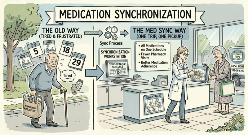 Pharmacist helping customer with medication synchronization