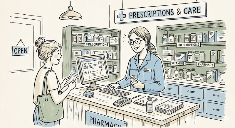 Pharmacist helping a customer at the prescription counter